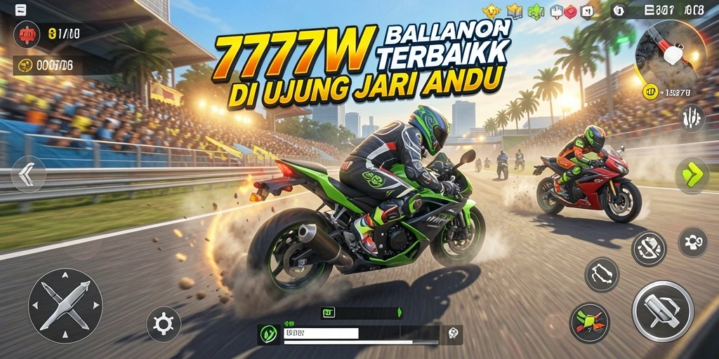 Screenshot gameplay 7777W menampilkan adrenalin tinggi saat balapan motor.