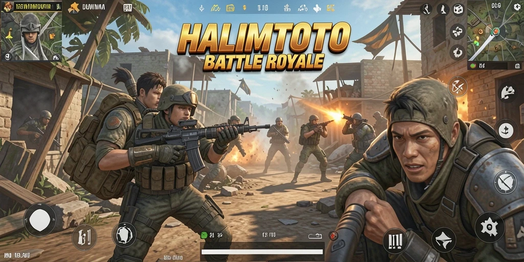 Screenshot HALIMTOTO menunjukkan aksi seru di arena Battle Royale.