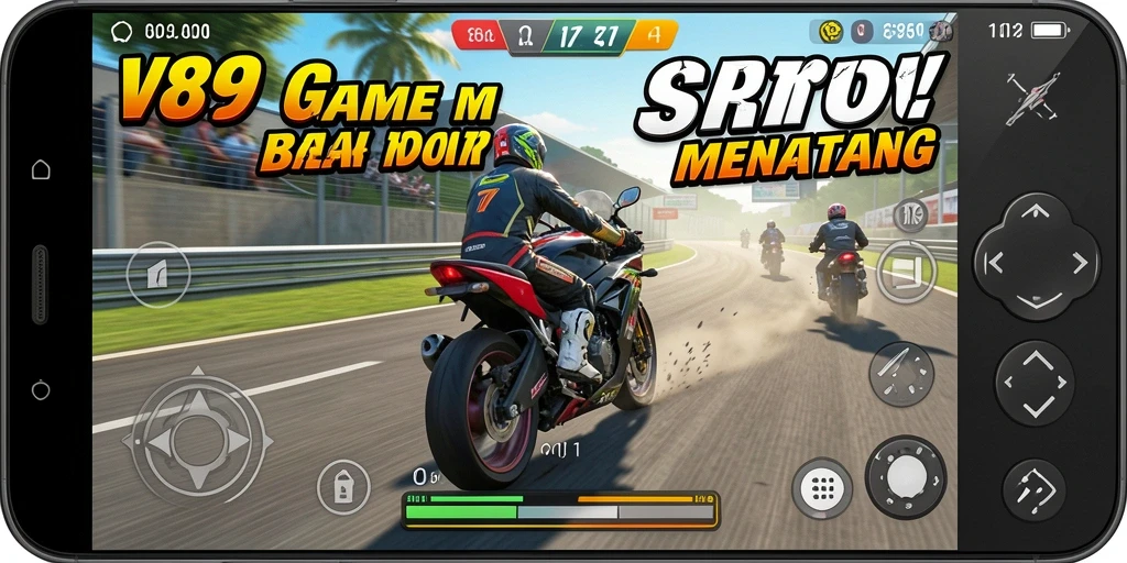 Screenshot V89 menunjukkan aksi balap motor yang intens dan menegangkan.